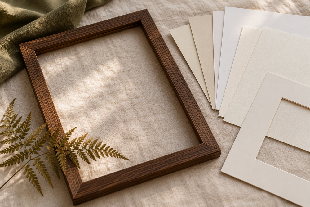 Empty wooden frame, blank paper swatches and a window mat on cream linen; editorial illustration