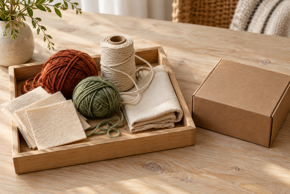 Tray of felt, yarn and cotton cord beside a closed kraft box on a wooden table; editorial illustration