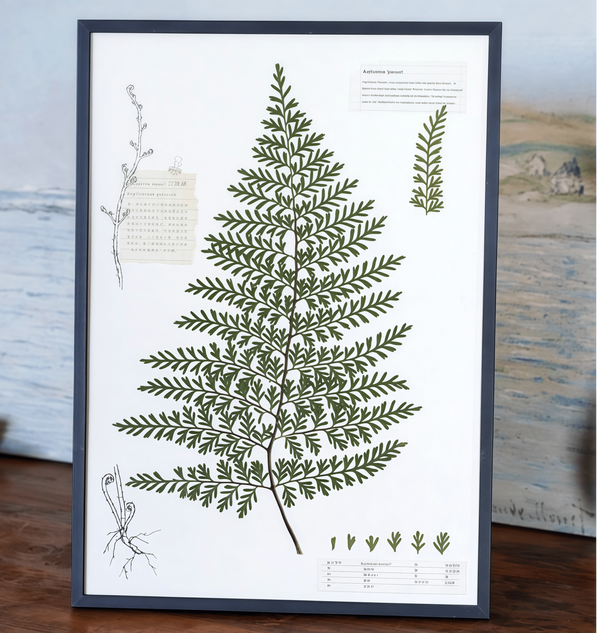 Großes A3-Wandbild mit gepressten Farnen – Botanischer Rahmen im Grand  Herbarium-Stil