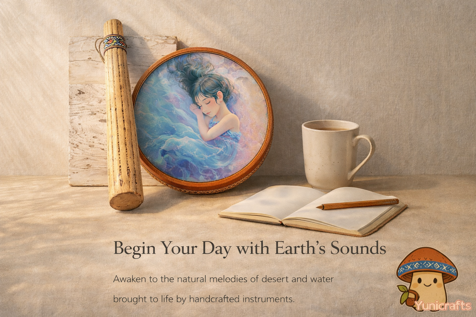 Cactus rain stick and blue goddess ocean drum styled with open notebook, pencil and coffee mug in warm morning setting, Yunicrafts brand promotional image