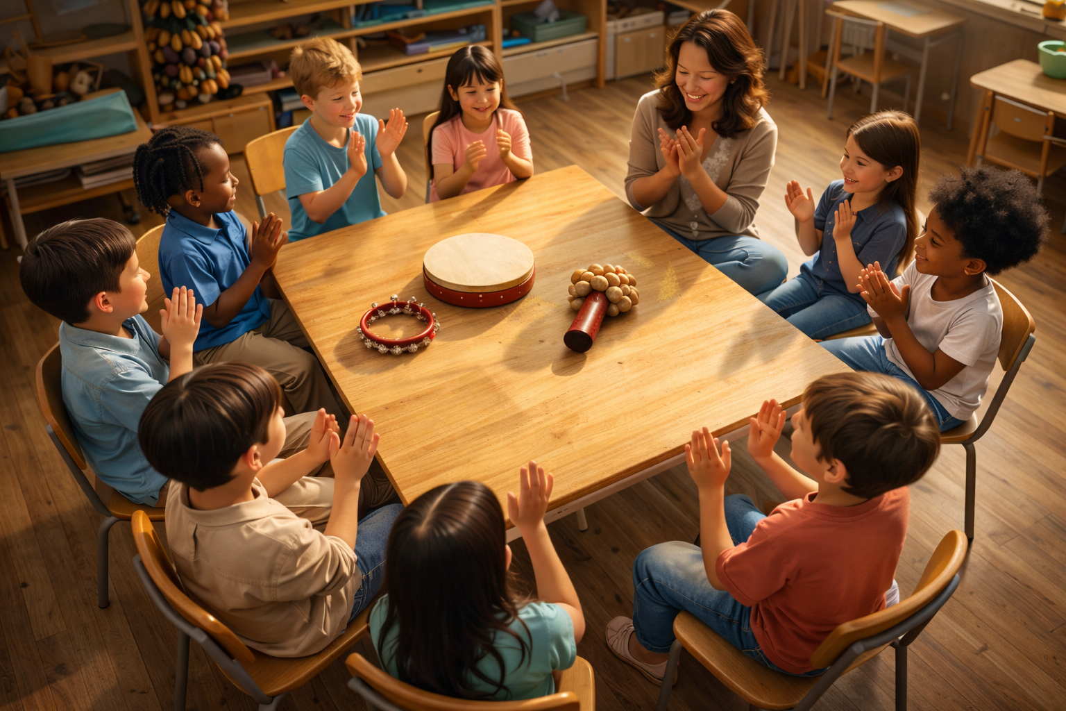 Multicultural group of children and instructor sitting in circle with hands in prayer position around table displaying natural musical instruments including frame drum, brass singing bowl, and seed pod rattle in warm educational setting