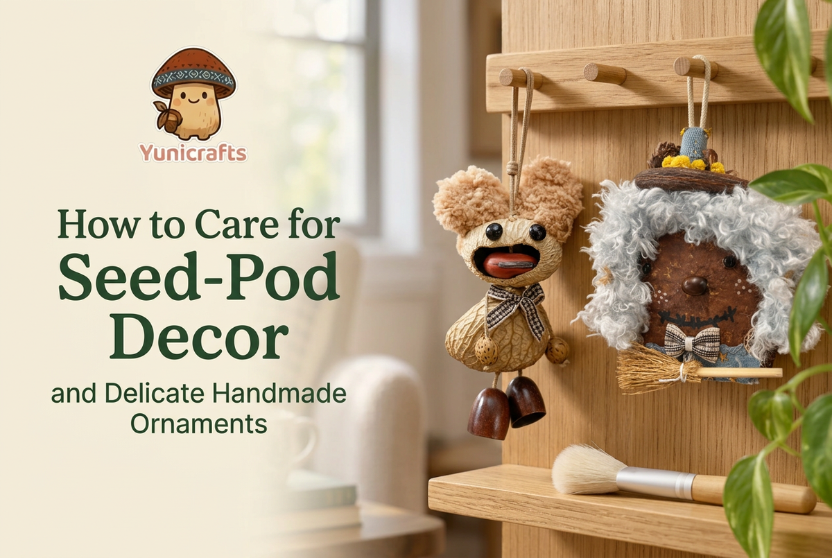 Two handmade seed-pod dolls hanging from wooden pegs beside a soft brush, with the Yunicrafts logo and ornament care guide title.