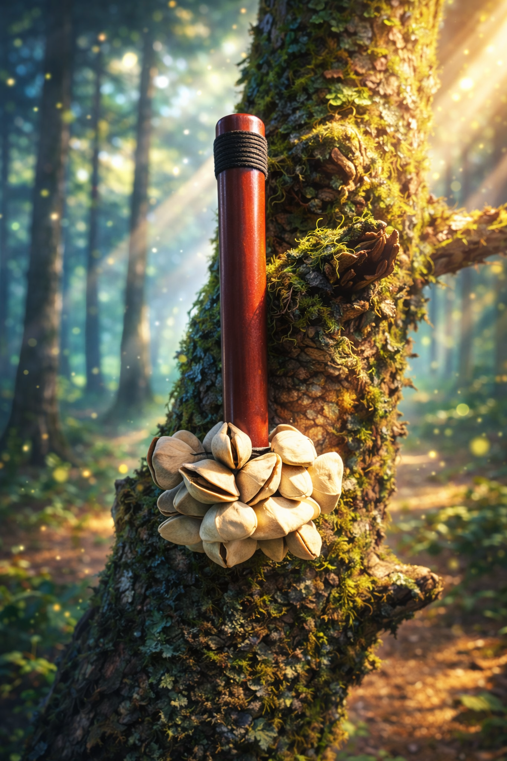 Handcrafted seed pod rattle with burgundy wooden handle and cluster of white natural seeds, leaning against moss-covered tree trunk in enchanted forest with golden sunbeams and floating light particles