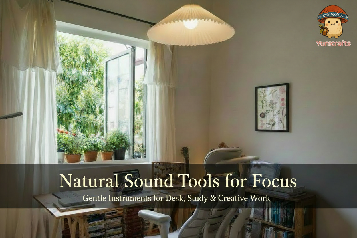 Natural sound tools for focus – desk workspace with botanical artwork, Yunicrafts