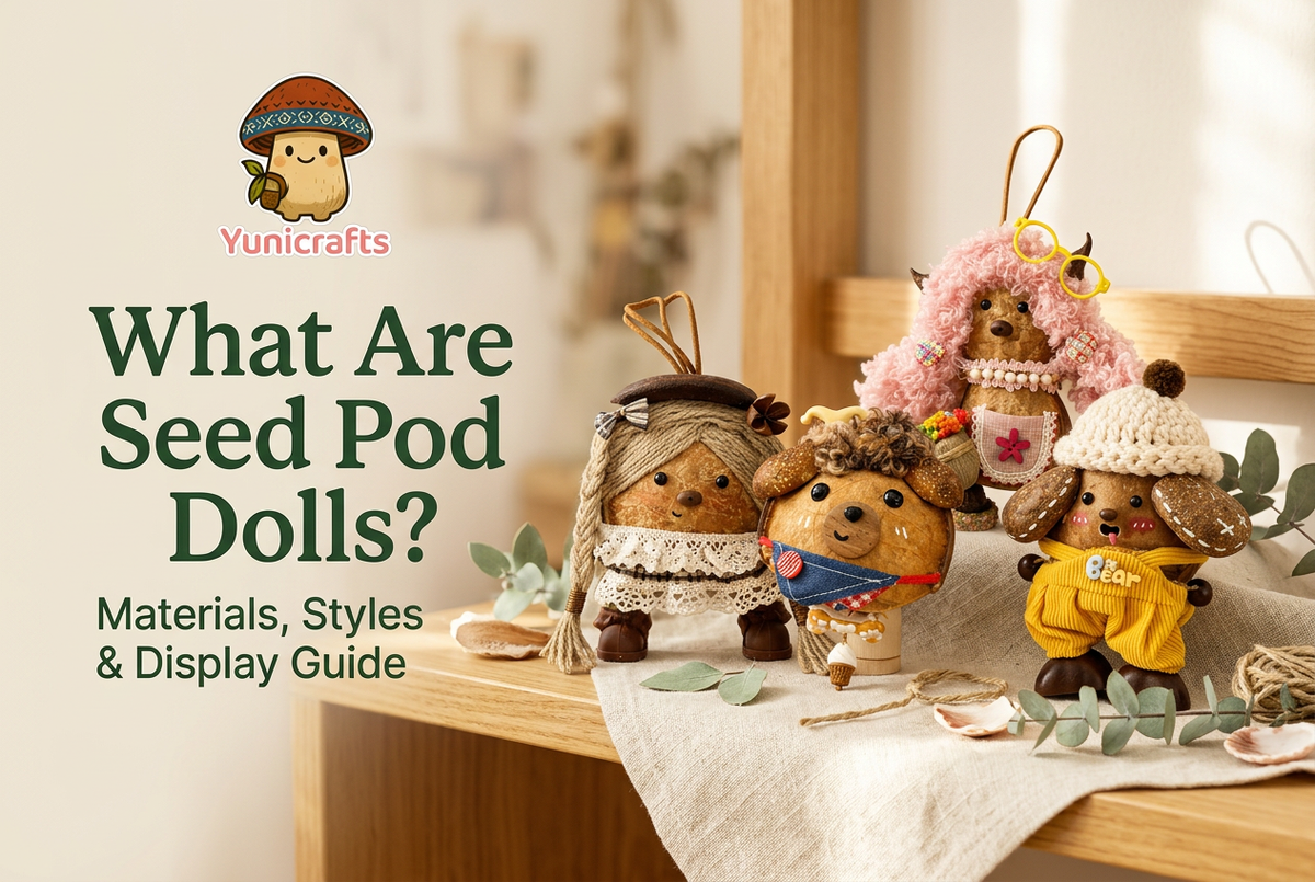 Four Yunicrafts seed pod dolls on a wooden shelf beside the title What Are Seed Pod Dolls? Materials, Styles & Display Guide and the mushroom logo.