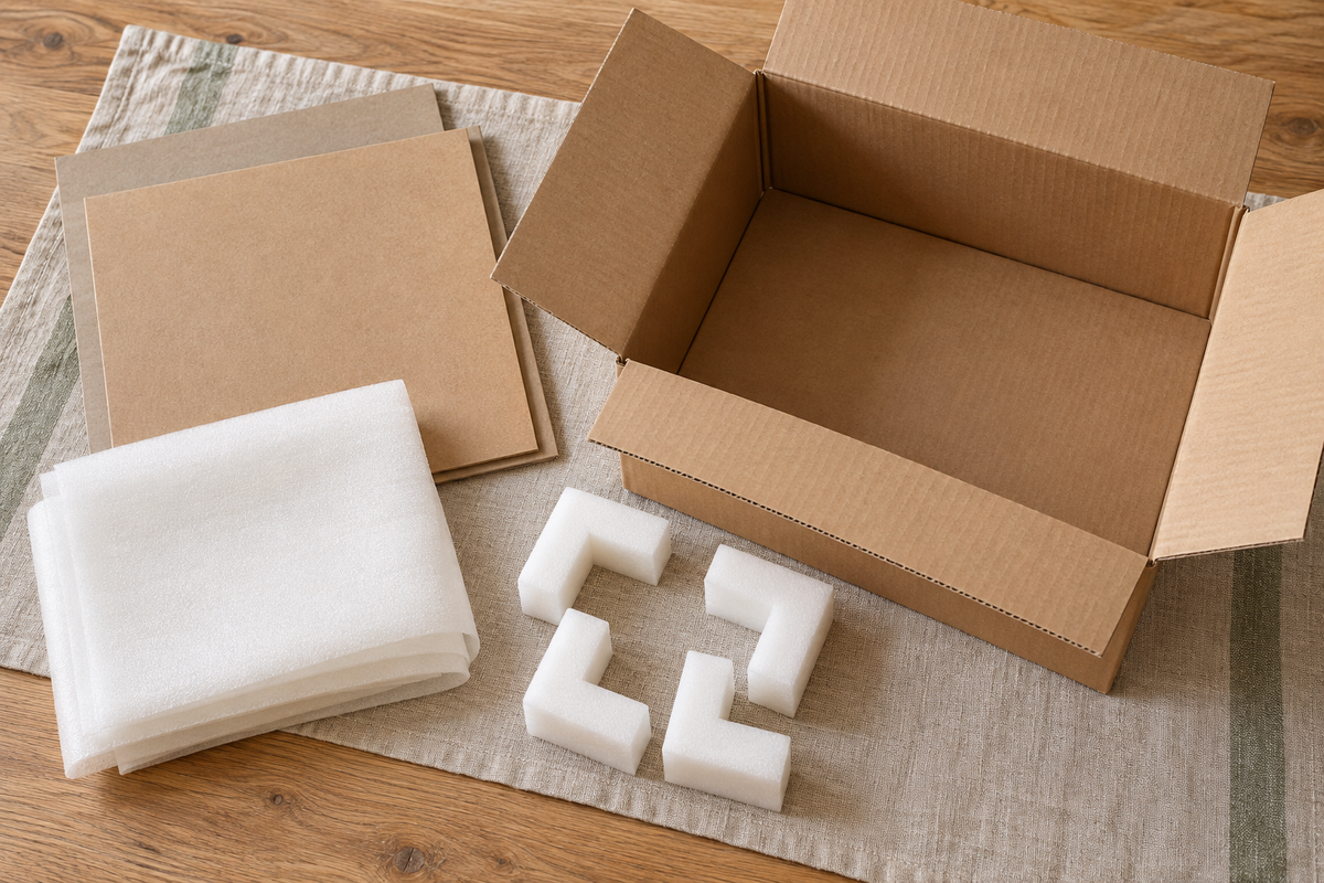 Open corrugated carton, protective corner pieces and packing boards on a pale wooden table
