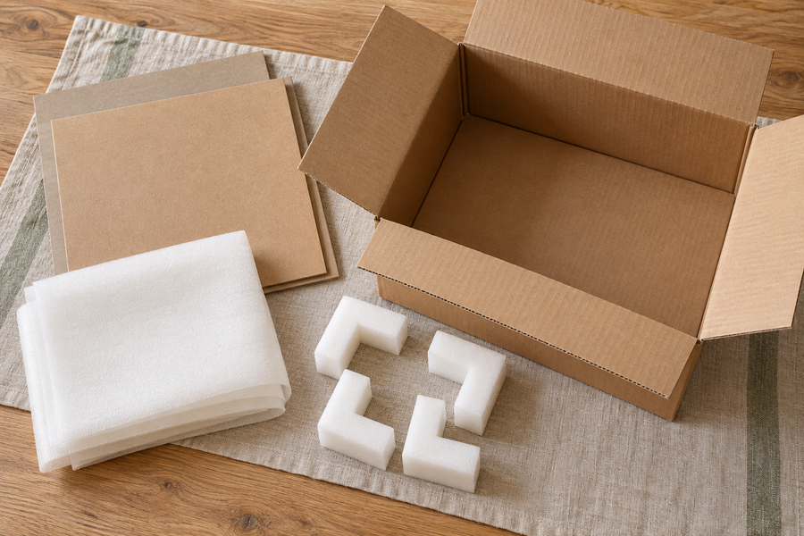 Open corrugated carton, protective corner pieces and packing boards on a pale wooden table