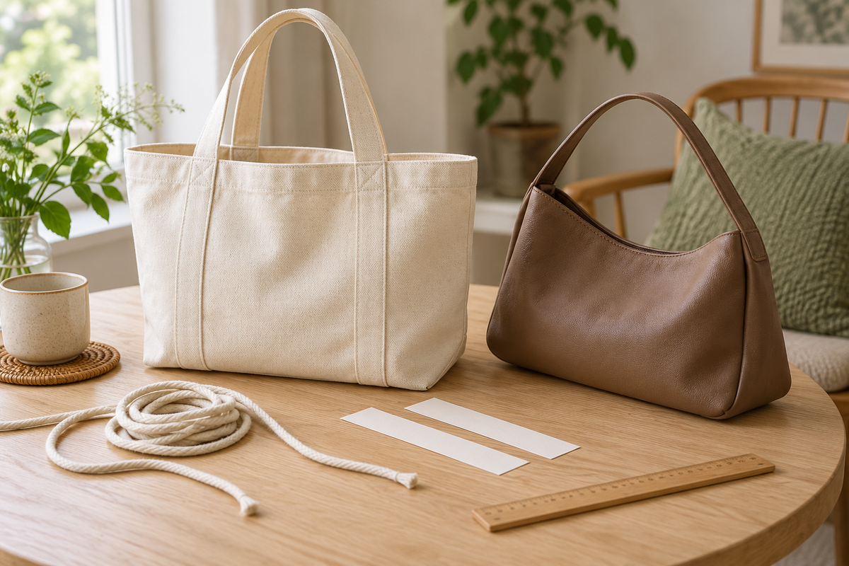 Ivory canvas tote and brown shoulder bag beside cotton cord and blank paper strips on a wooden table