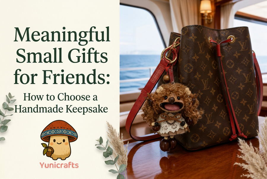 Yunicrafts handmade character bag charm on a handbag beside a sunlit window, with the title Meaningful Small Gifts for Friends.