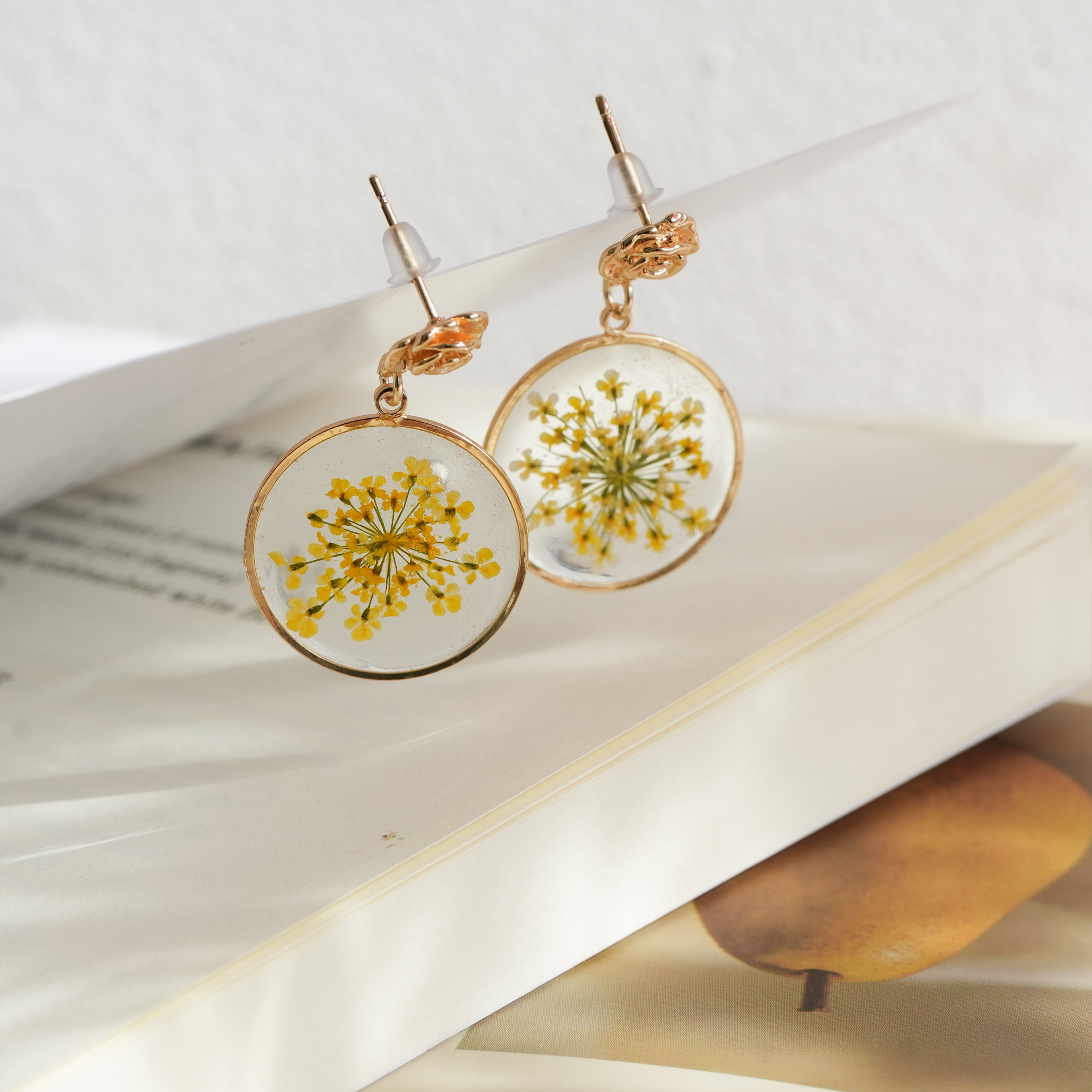 Real Yellow Lace Flower Earrings - "Golden Sunburst" Pressed Botanical Jewelry