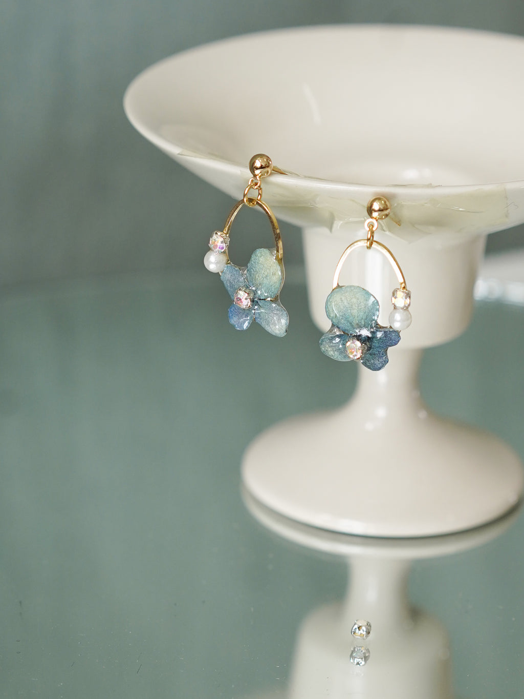 Real Blue Hydrangea Earrings with Pearl & Crystal Drop - "Raindrop Waltz" Botanical Jewelry