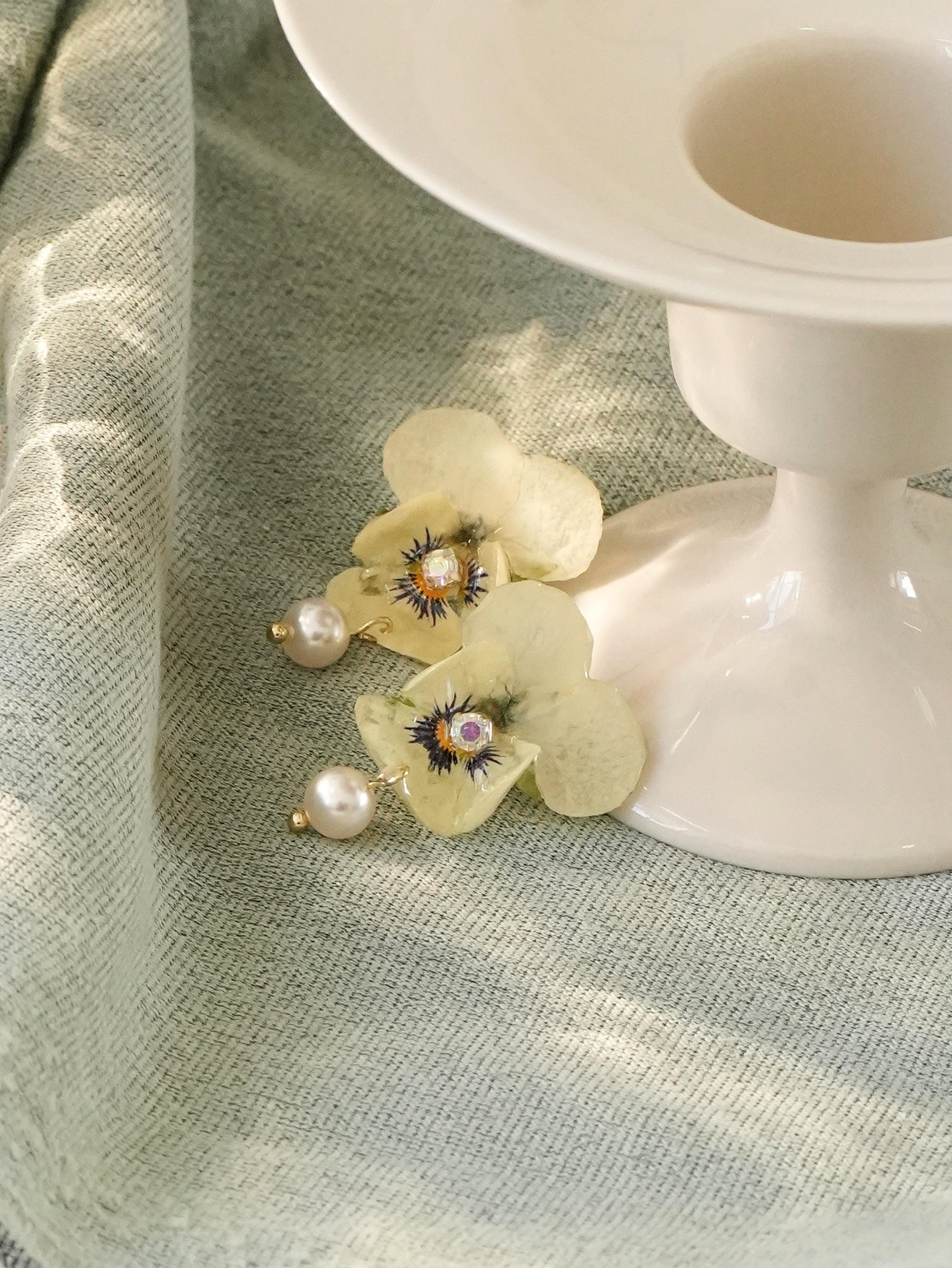 Real Viola Pansy Earrings with Pearl - "The Singing Garden" Pressed Flower Jewelry
