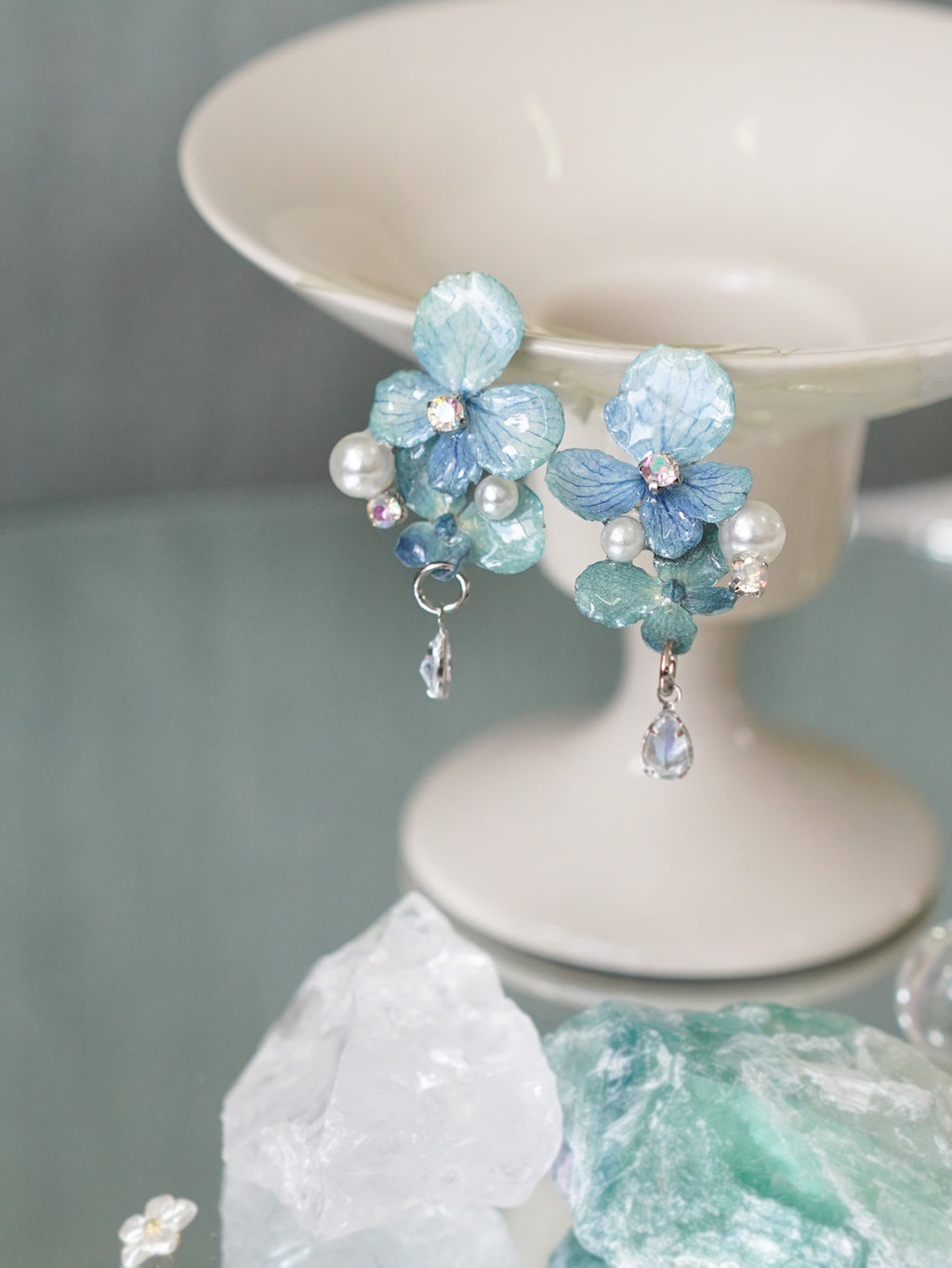 Real Blue Hydrangea Earrings with Pearl & Crystal Drop - "Raindrop Waltz" Botanical Jewelry