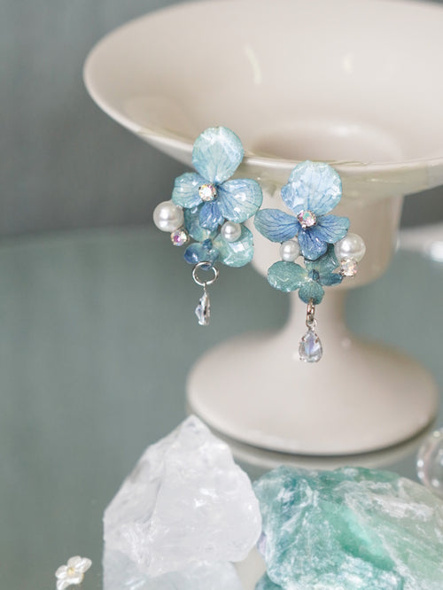 Real Blue Hydrangea Earrings with Pearl & Crystal Drop - "Raindrop Waltz" Botanical Jewelry