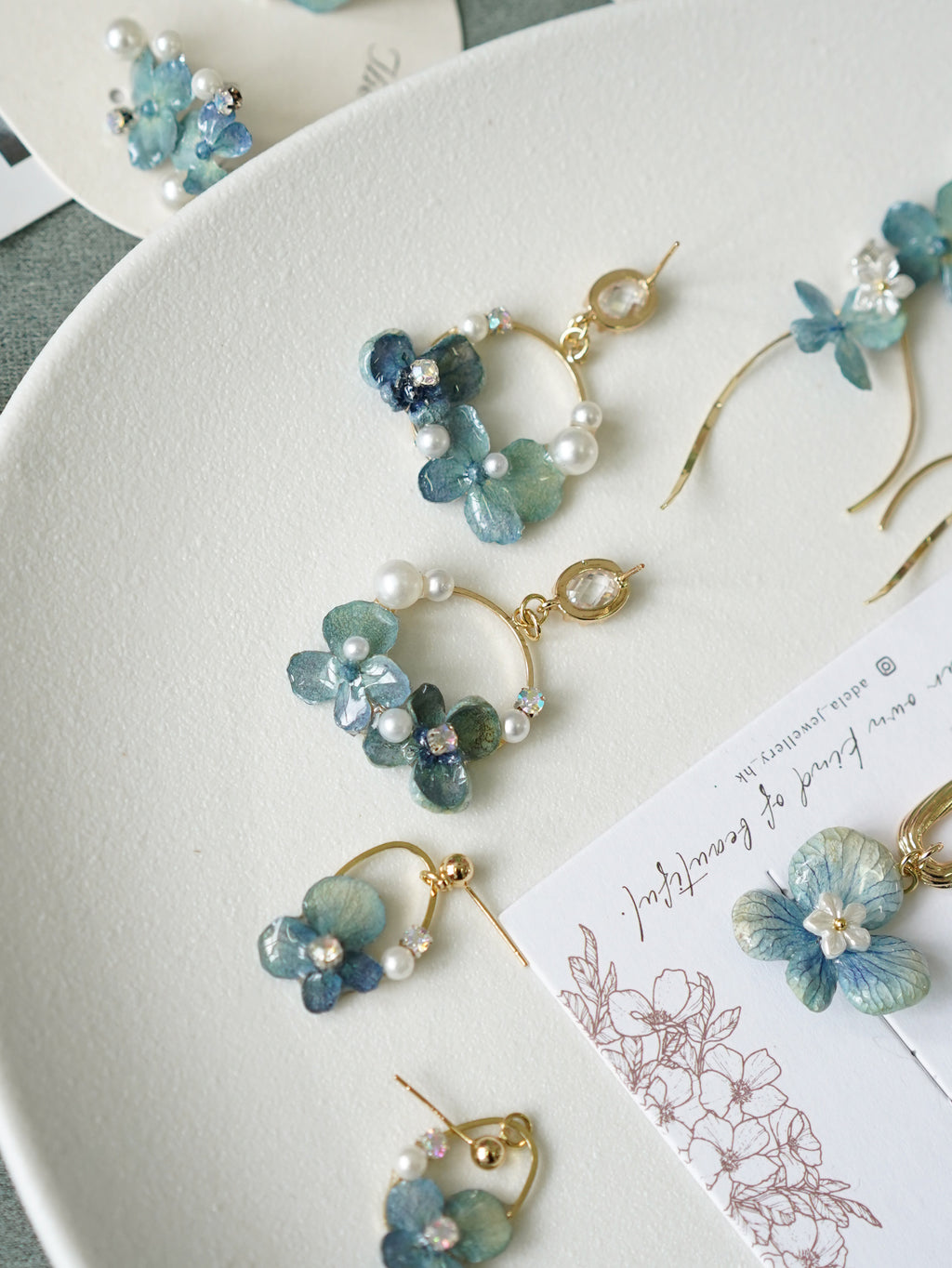 Real Blue Hydrangea Earrings with Pearl & Crystal Drop - "Raindrop Waltz" Botanical Jewelry