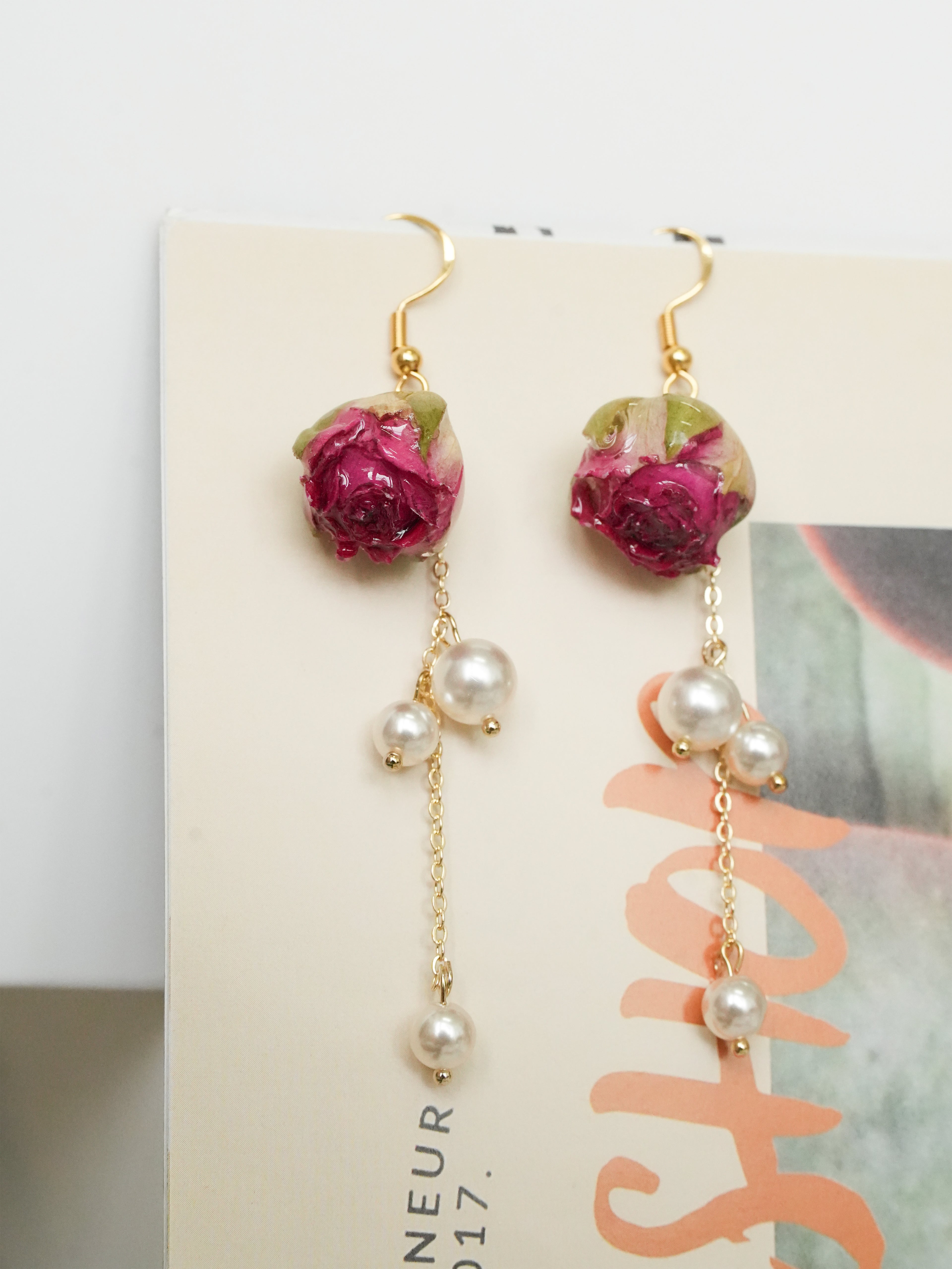 Real Rose Earrings with Pearl Chain - Red Bud & Purple Bloom | Preserved Flower Jewelry