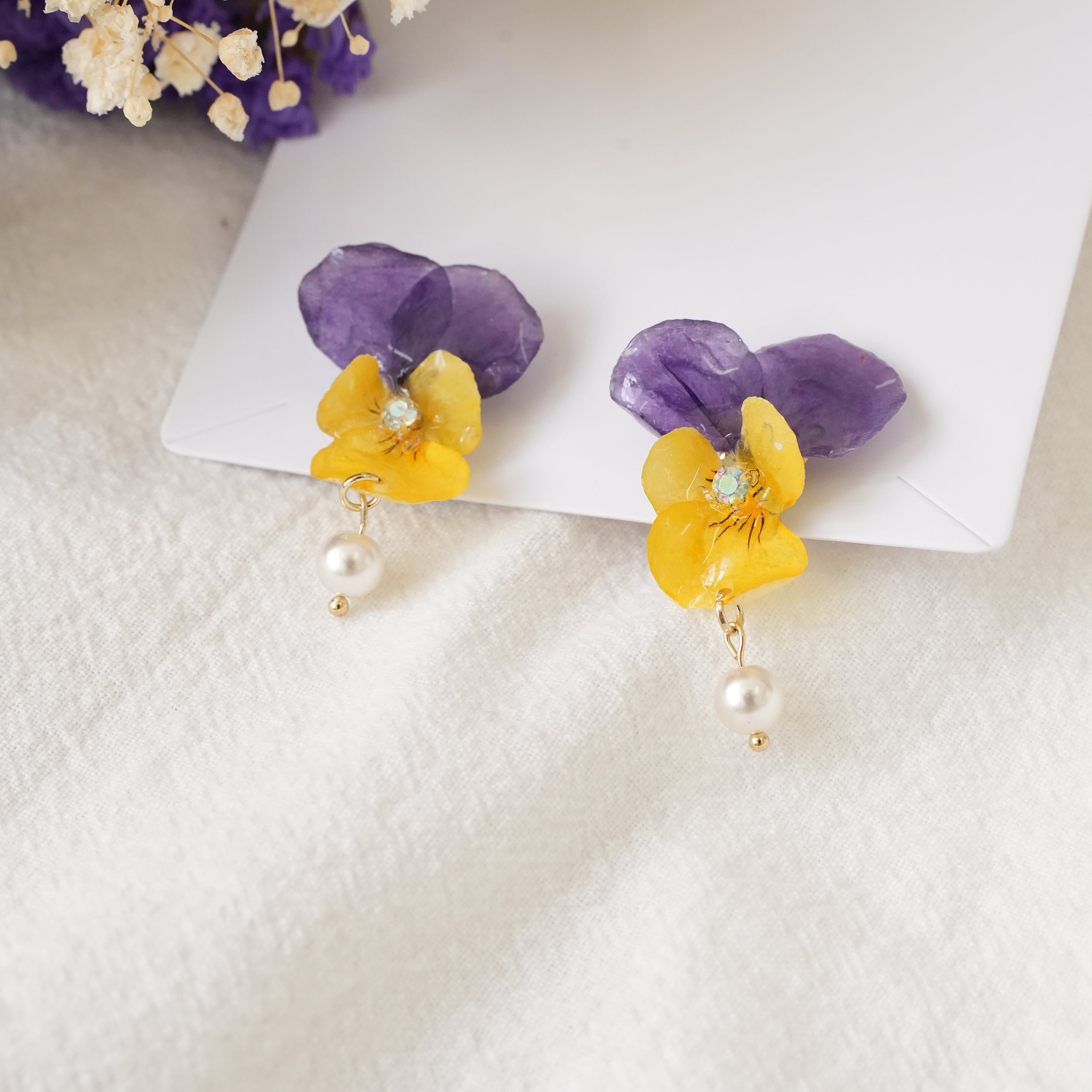 Real Viola Pansy Earrings with Pearl - "The Singing Garden" Pressed Flower Jewelry