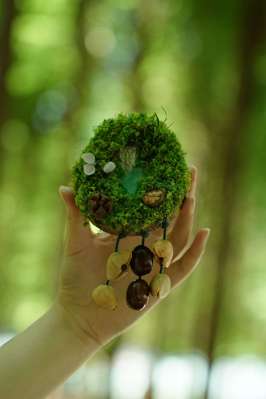 「どんぐりの家族」 - 手作りの苔の森の壁掛けと種のモビール