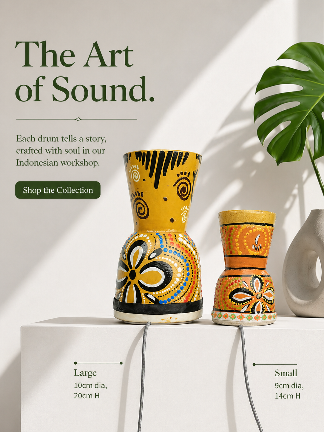 Handmade painted leather thunder drum with traditional design