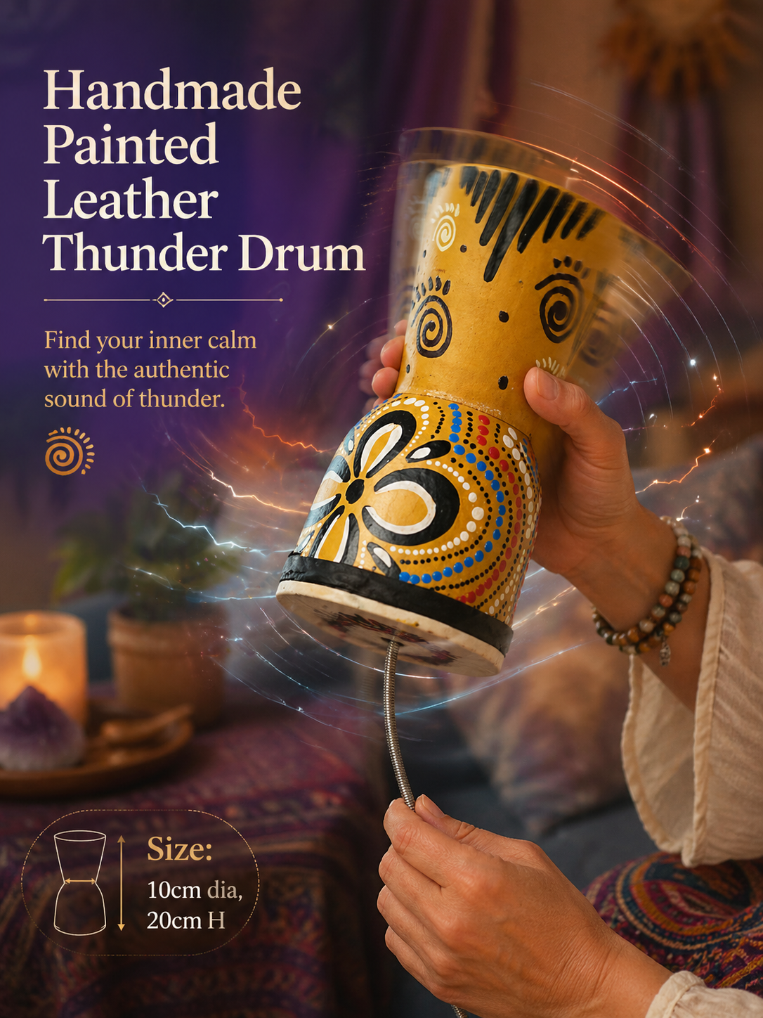 Handmade painted leather thunder drum with traditional design