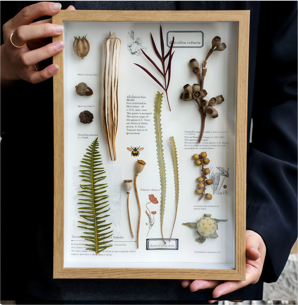 "Naturkabinett" - Schattenbox-Kunst mit echten botanischen Präparaten und Samen (A4-Format)