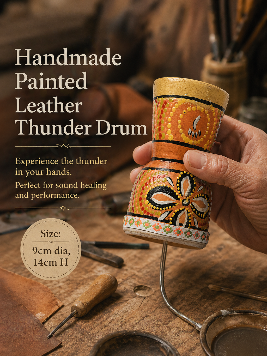 Handmade painted leather thunder drum with traditional design