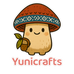 Yunicrafts logo della mascotte del fungo con scritta rosa su sfondo grigio