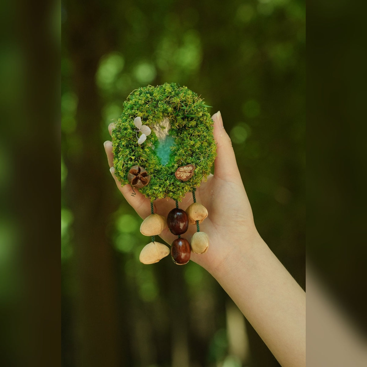 "The Acorn Family" - Handmade Moss Forest Wall Hanging & Seed Mobile - Yunicrafts