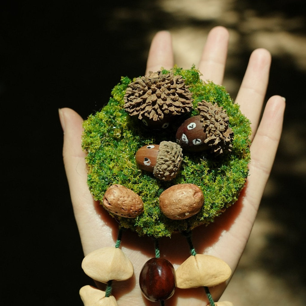 "The Acorn Family" - Handmade Moss Forest Wall Hanging & Seed Mobile - Yunicrafts