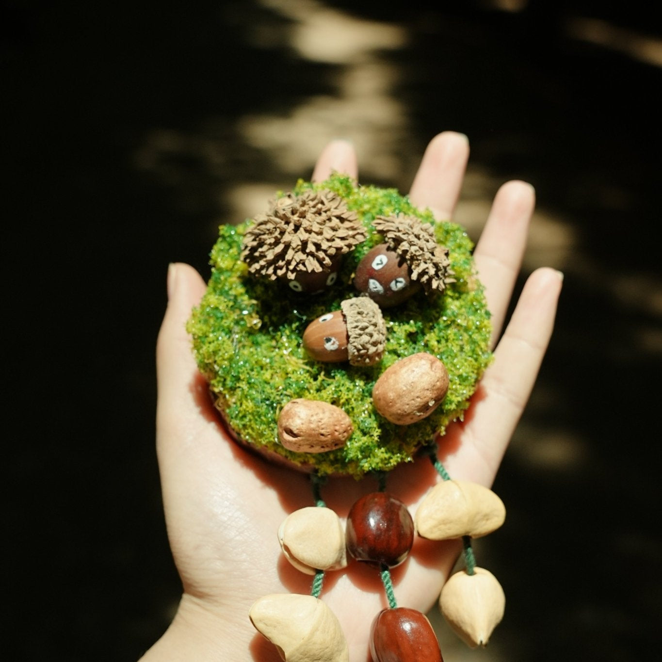 "The Acorn Family" - Handmade Moss Forest Wall Hanging & Seed Mobile - Yunicrafts