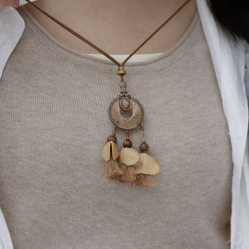 "The Earth Dreamcatcher" - Woven Ring Pendant with Natural Seeds & Mini Tassels - Yunicrafts