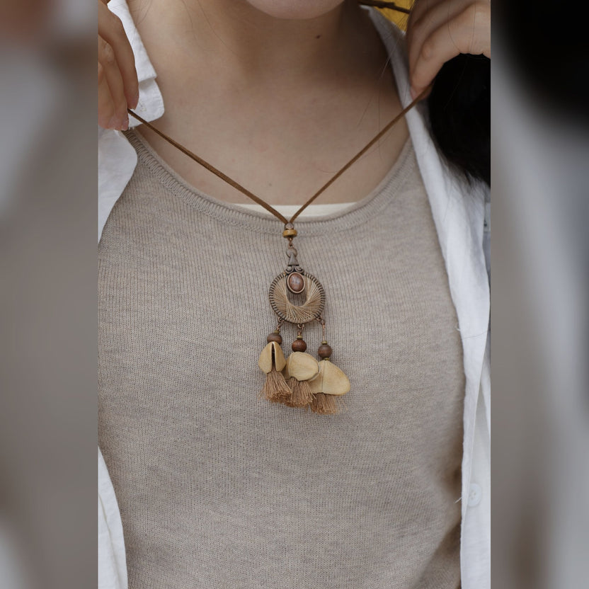 "The Earth Dreamcatcher" - Woven Ring Pendant with Natural Seeds & Mini Tassels - Yunicrafts