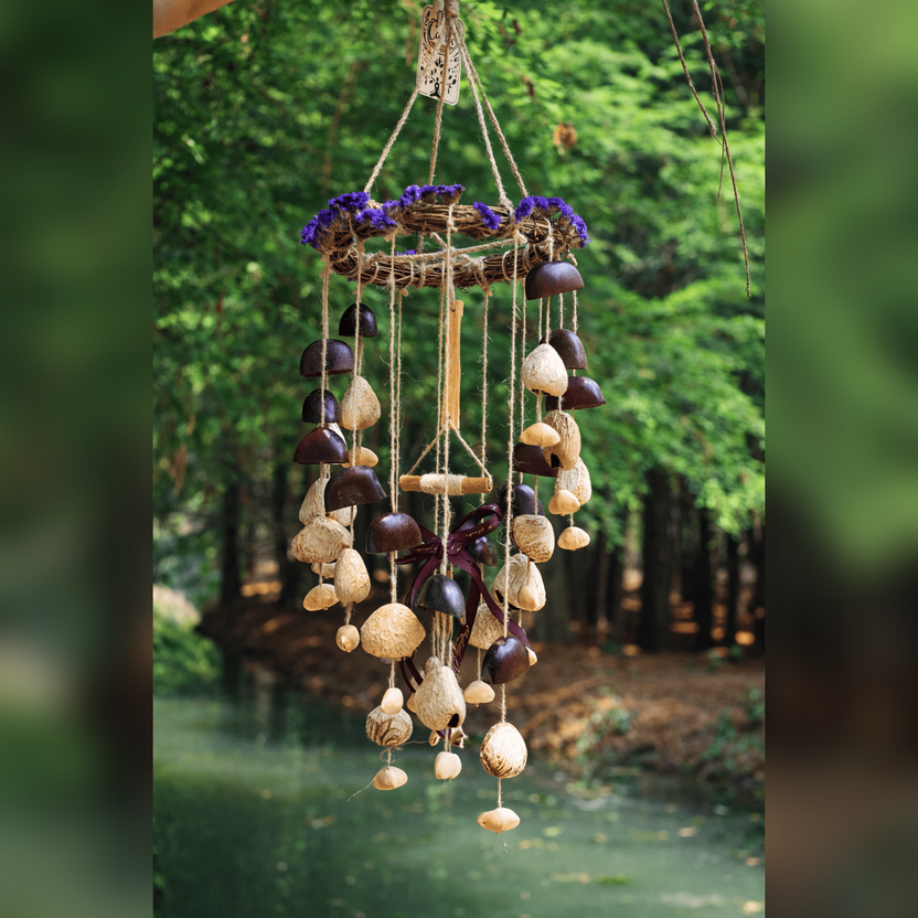 "The Floral Harvest Chime" - Vine Wreath Mobile with Dried Flowers & Seed Bells - Yunicrafts