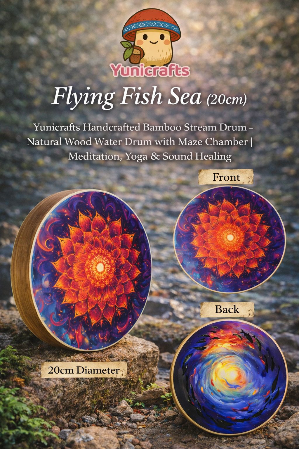 "Flying Fish Sea" Handcrafted Bamboo Stream Drum (20cm) – Vibrant Natural Wood Water Drum for Yoga & Mindfulness - Yunicrafts