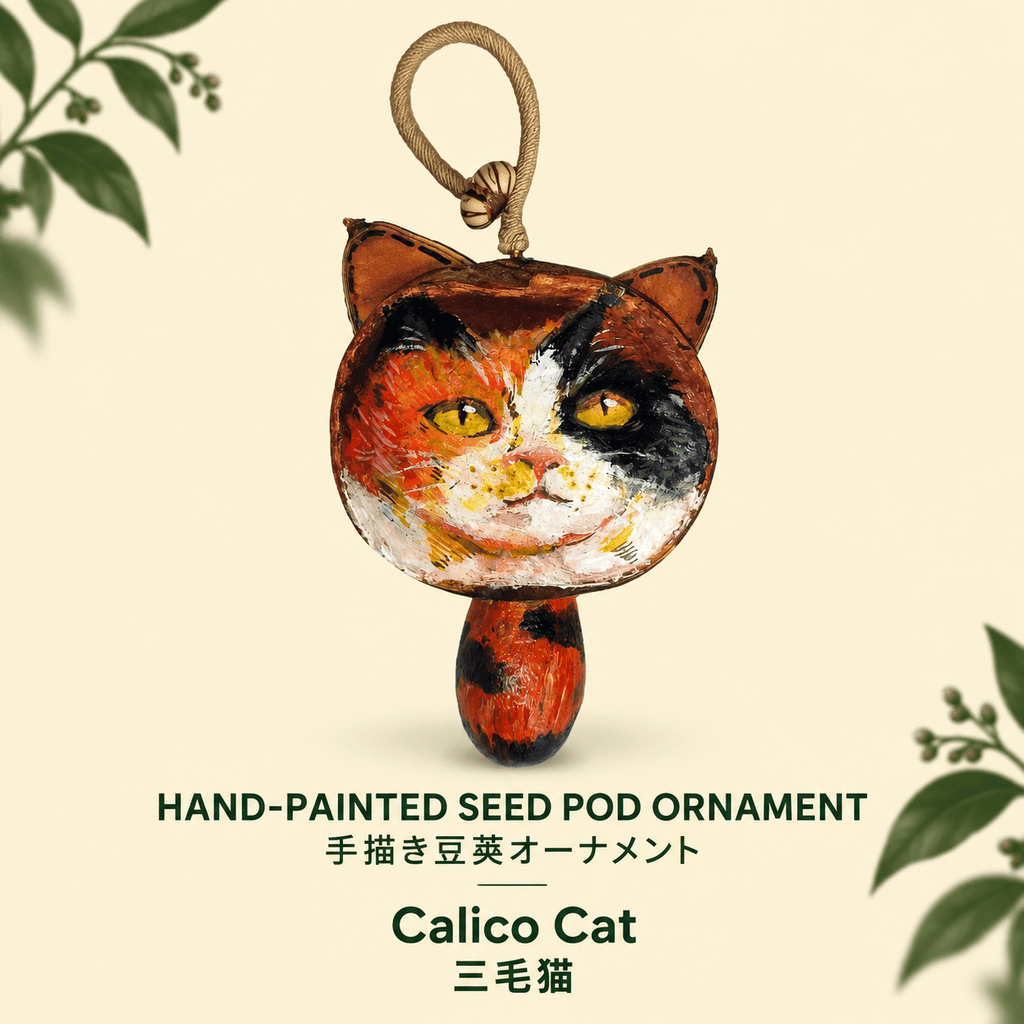 Hand-Painted Calico Cat Seed Pod Ornament - Yunicrafts