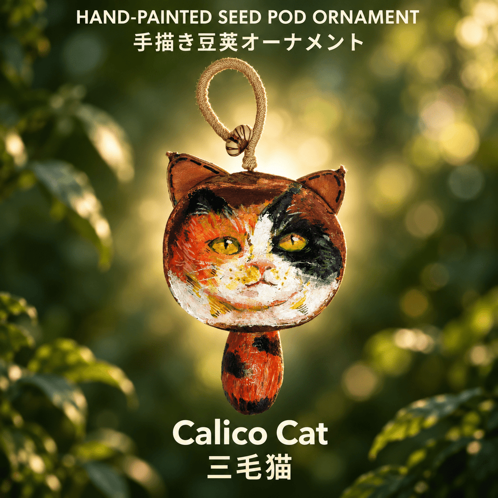 Hand-Painted Calico Cat Seed Pod Ornament - Yunicrafts