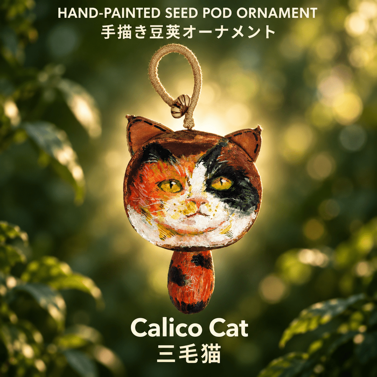 Hand-Painted Calico Cat Seed Pod Ornament - Yunicrafts