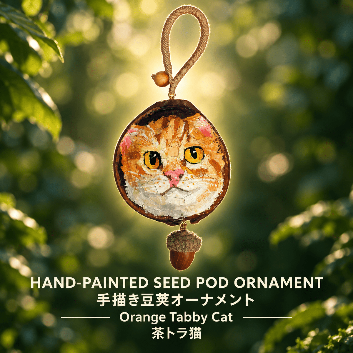 Hand-Painted Orange Tabby Cat Seed Pod Ornament - Yunicrafts