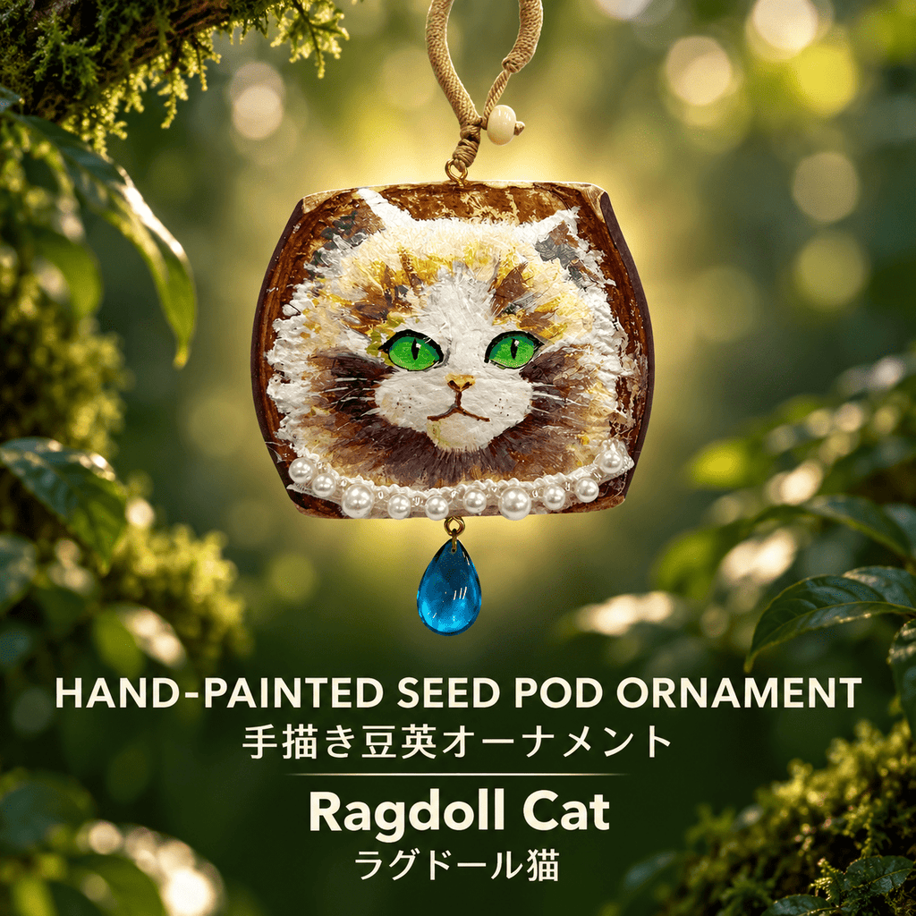 Hand-Painted Ragdoll Cat Seed Pod Ornament - Yunicrafts