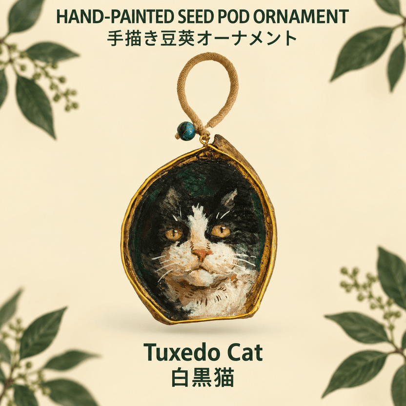 Hand-Painted Tuxedo Cat Seed Pod Ornament - Yunicrafts