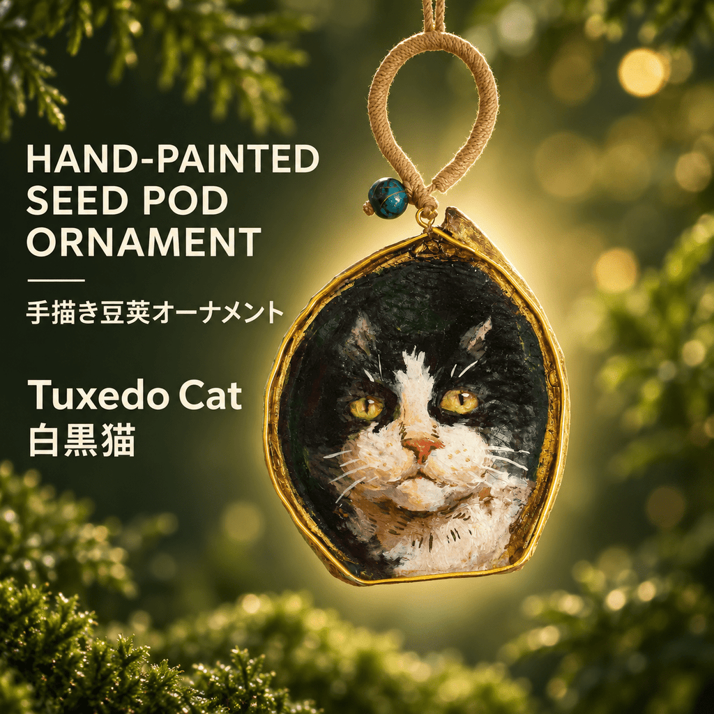 Hand-Painted Tuxedo Cat Seed Pod Ornament - Yunicrafts