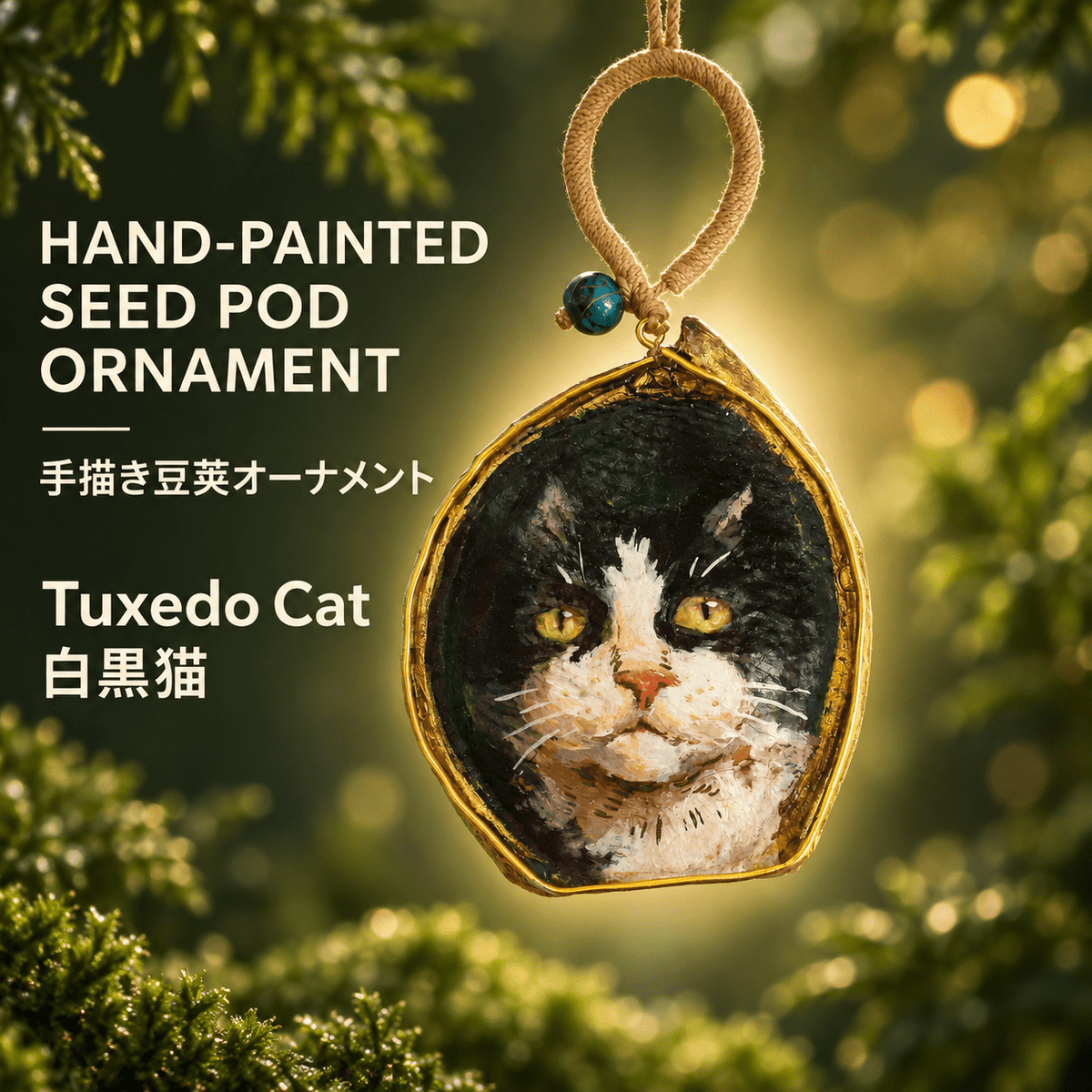 Hand-Painted Tuxedo Cat Seed Pod Ornament - Yunicrafts
