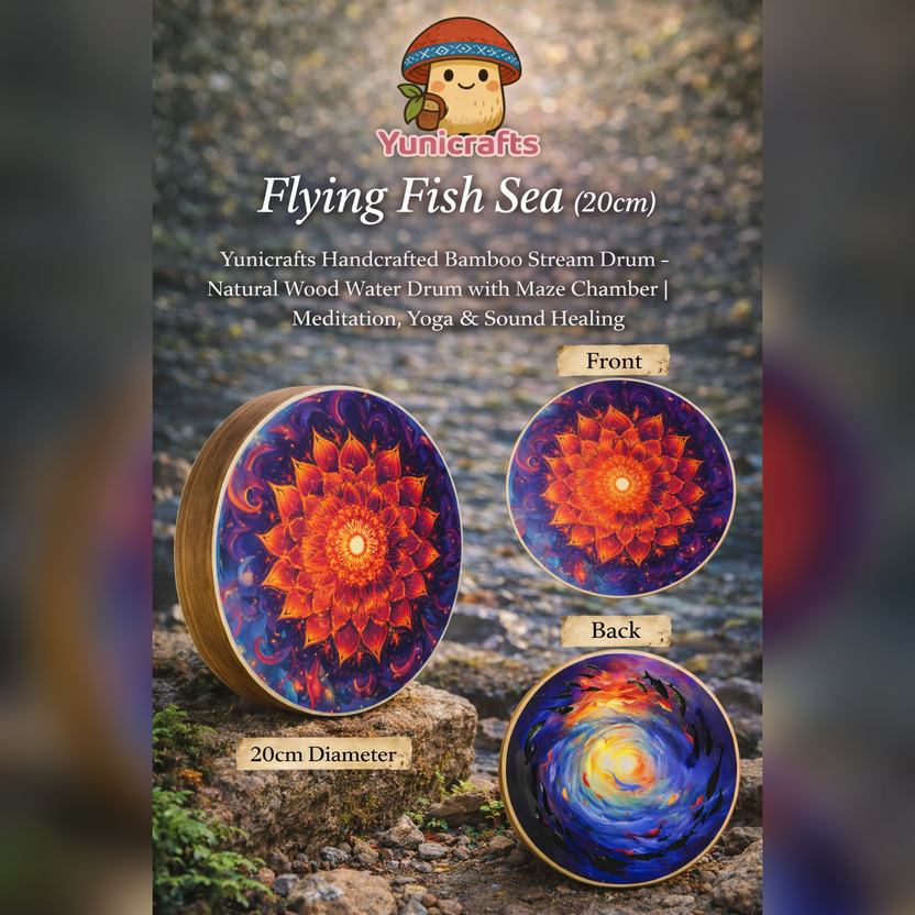 "Flying Fish Sea" Handcrafted Bamboo Stream Drum (20cm) – Vibrant Natural Wood Water Drum for Yoga & Mindfulness - Yunicrafts