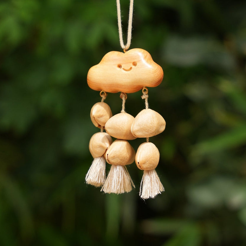 "The Happy Cloud" - Handcrafted Carved Wooden Smile & Natural Seed Rain Mobile - Yunicrafts