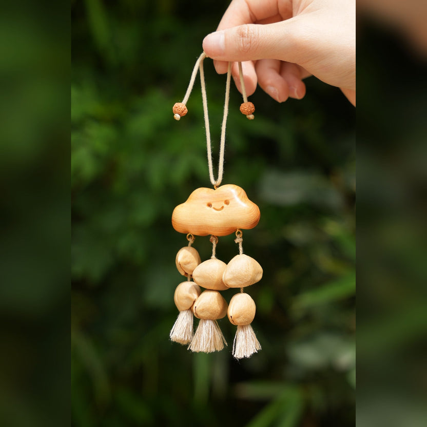 "The Happy Cloud" - Handcrafted Carved Wooden Smile & Natural Seed Rain Mobile - Yunicrafts