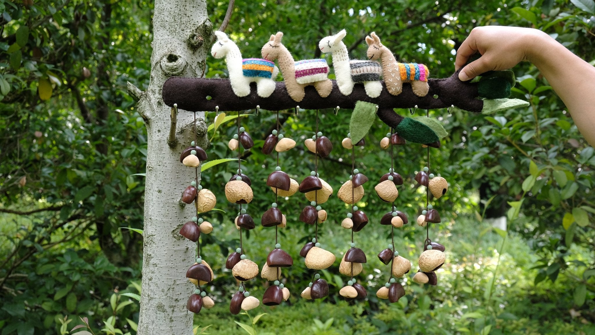 Llama Forest Wind Chime Wall Hanging – Handmade Felt Animal & Natural Seed Decor - Yunicrafts