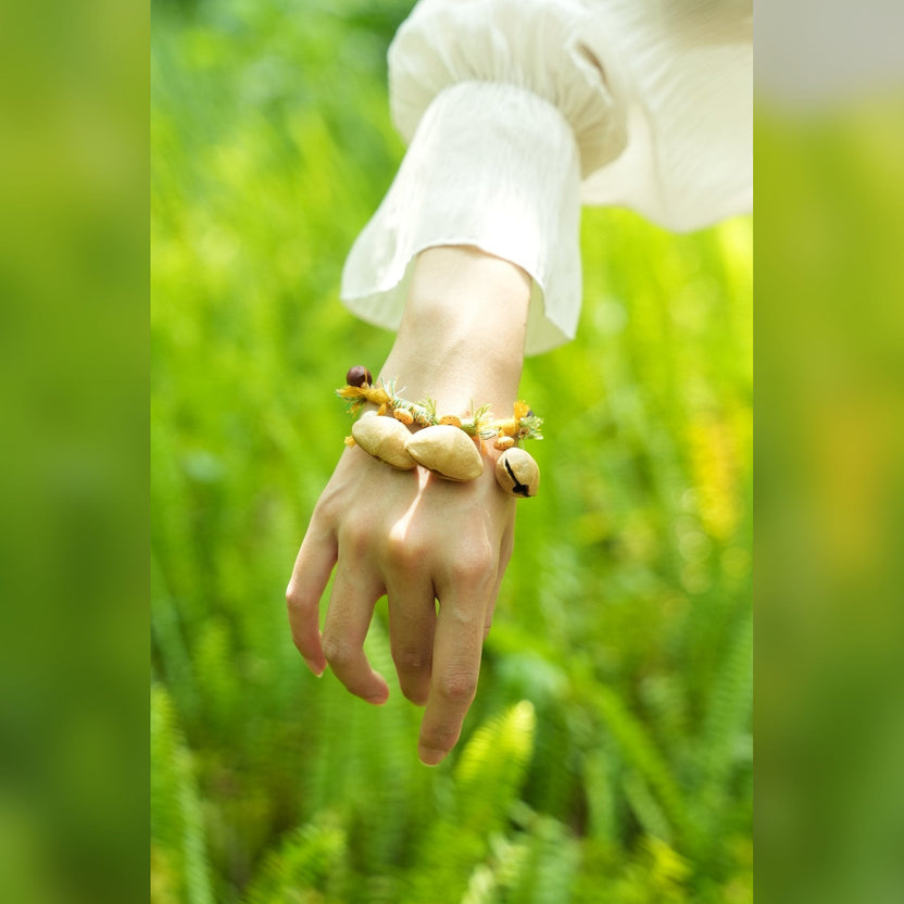 "The Meadow Dancer" - Yellow & Green Braided Bracelet with Natural Seed Bells - Yunicrafts