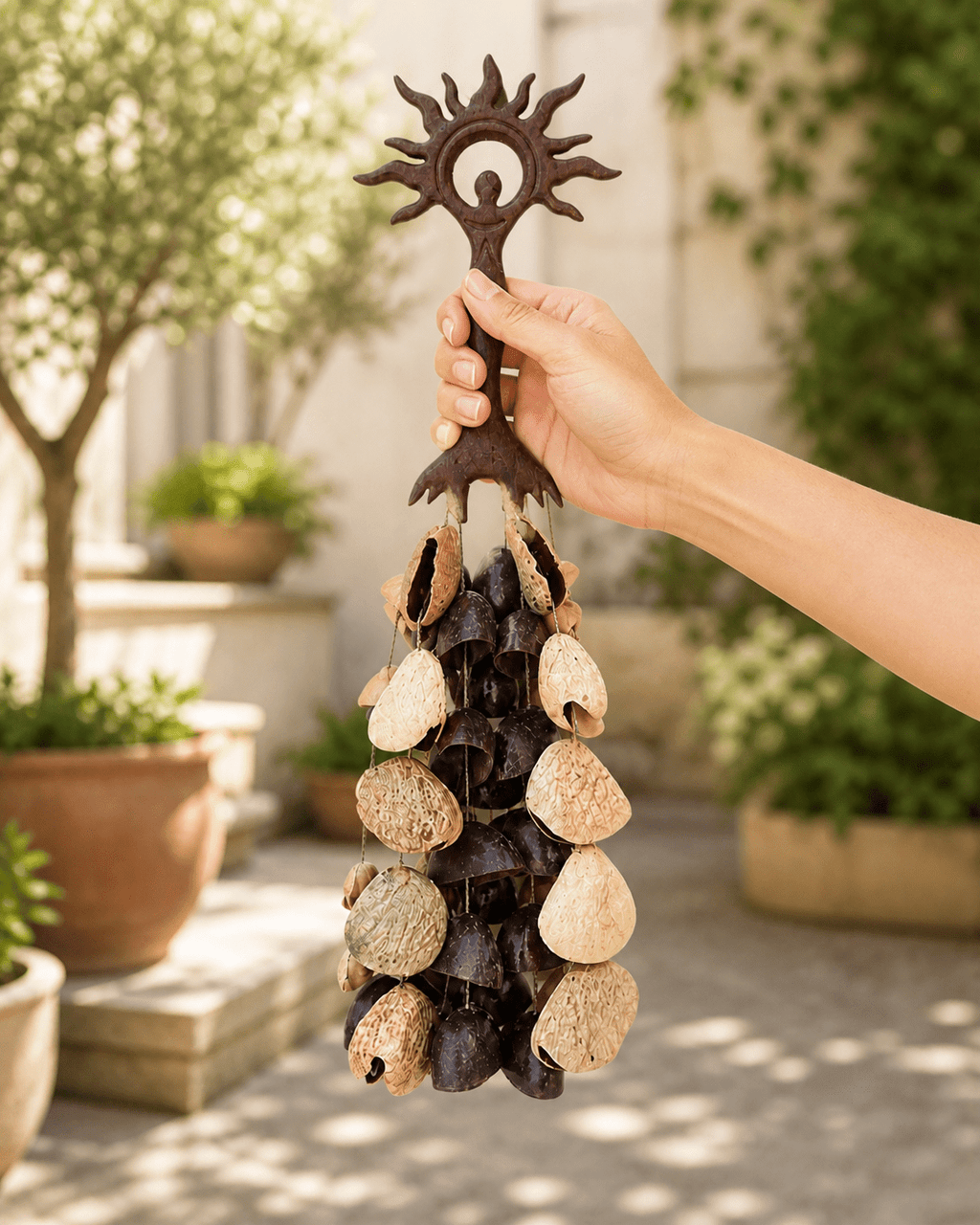 Meditation Hand Rattle | Sun & Light Goddess, 2 Fruit-Shell Styles - Yunicrafts