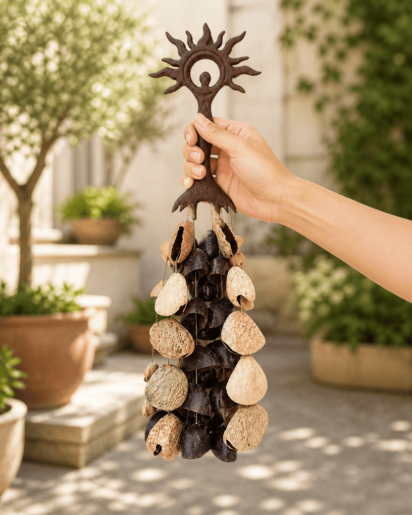 Meditation Hand Rattle | Sun & Light Goddess, 2 Fruit-Shell Styles - Yunicrafts
