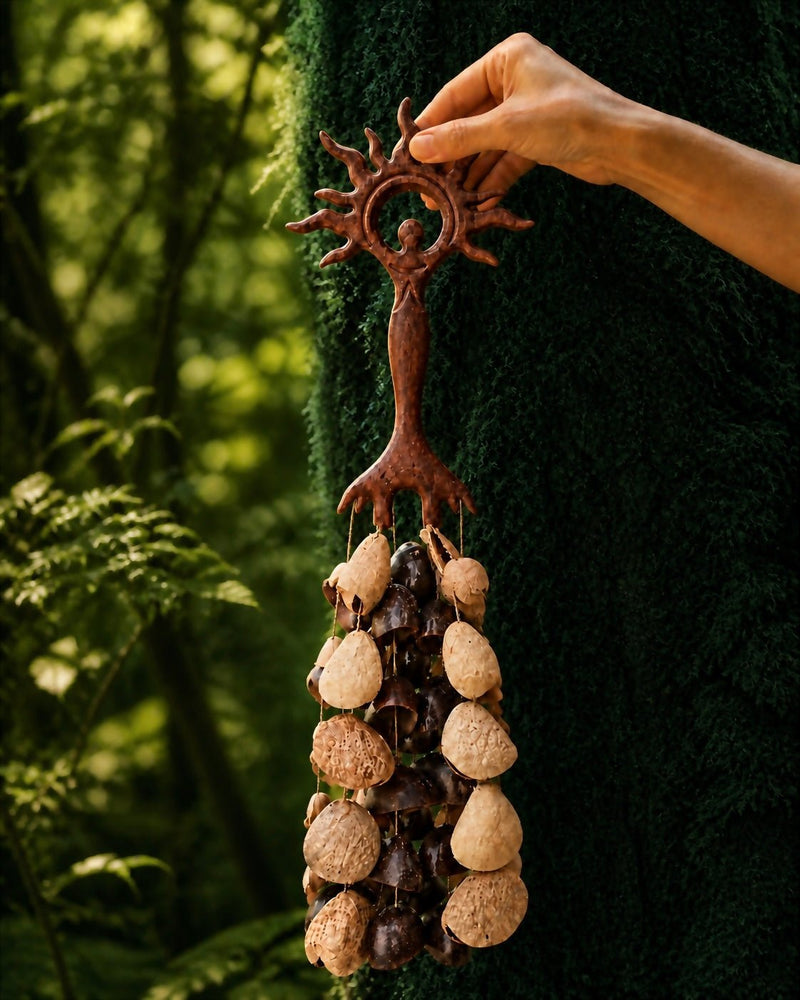 Meditation Hand Rattle | Sun & Light Goddess, 2 Fruit-Shell Styles - Yunicrafts